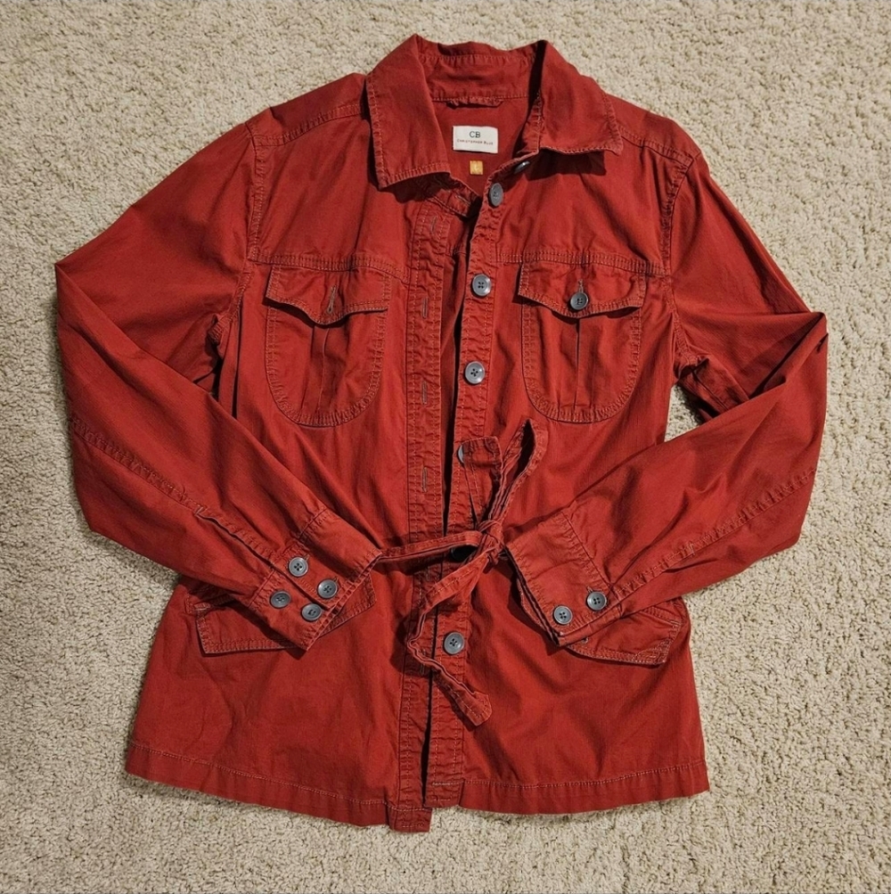 Christooher Blue Red Button-Up Utility Jacket with Tie Waist